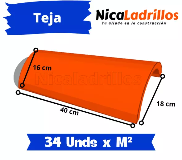 Medidas de la Teja Colonial de Barro fabricada en La Paz Centro: largo de 40 cm, ancho de 18 cm y espesor de 1.5 cm